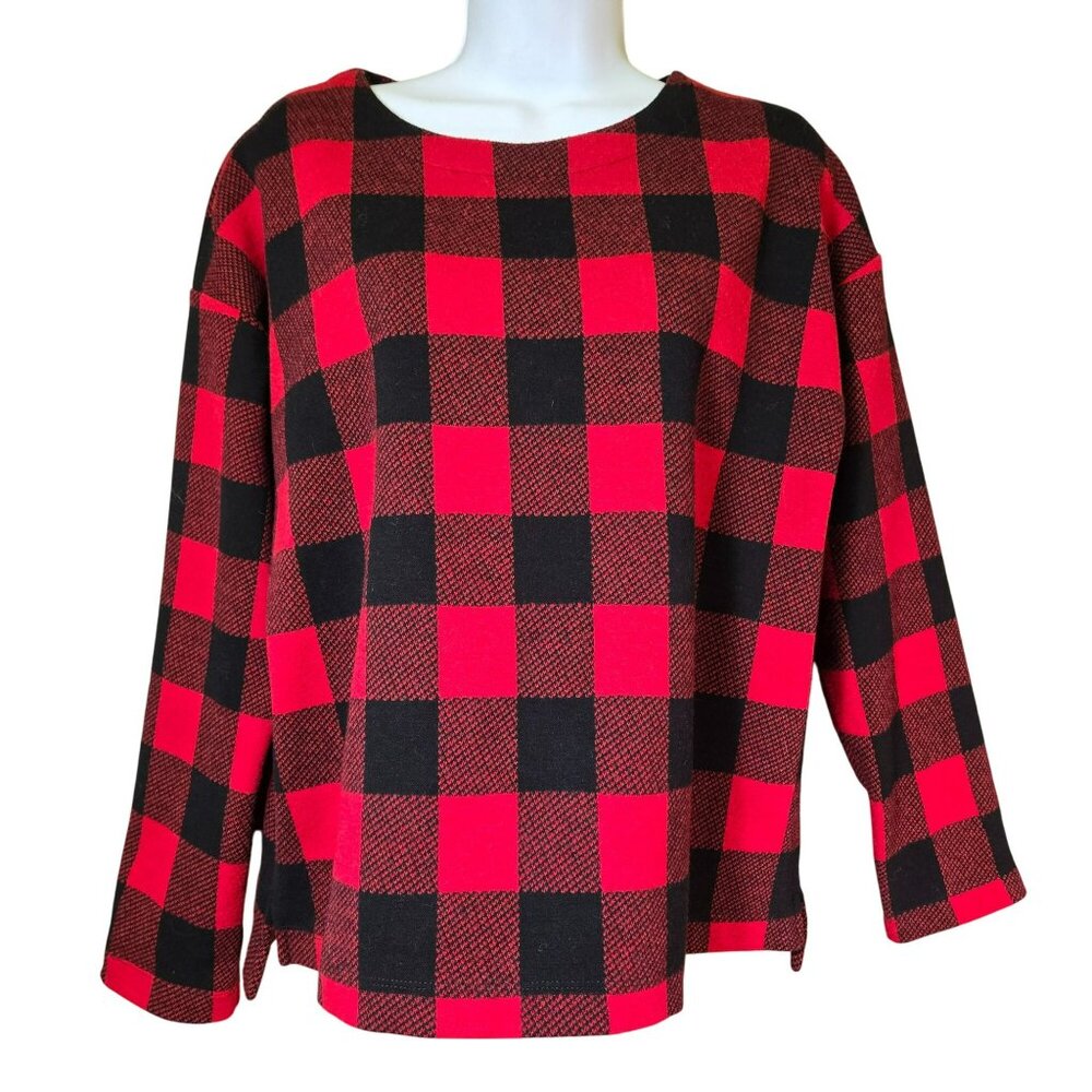 J Jill Womens S Red Buffalo Plaid Pullover Knit Top Long Sleeve Relaxed Shirt